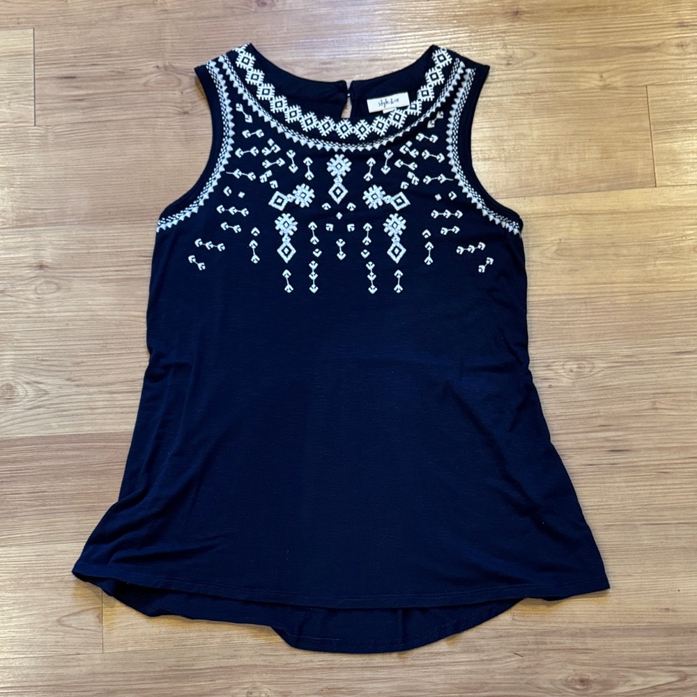 Style & Co. Navy Sleeveless Top with White Embroidered Pattern